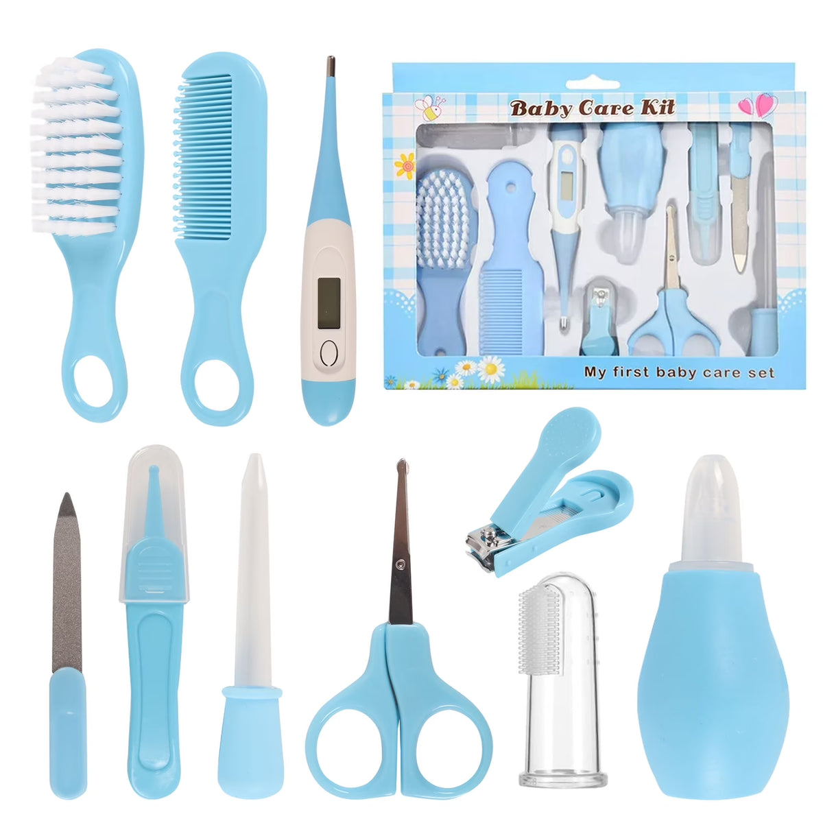10 in 1 Baby Healthcare and Grooming Kit,Safety Newborn Nursery Care Set, with Hair Brush Comb,Nail Clipper,Thermometer,Pacifier Clip,Nasal Aspirator for Newborn Infant Baby-Blue