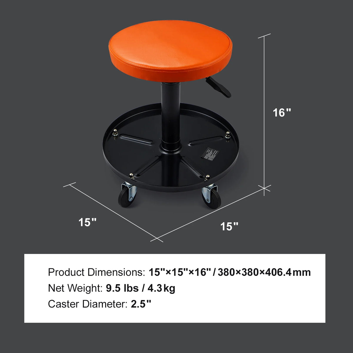 Mechanic Stool, 250 LBS Rolling Pneumatic Creeper Garage/Shop Seat, Adjustable Height 22 In-28 in Padded Rolling Workshop Stool with Tool Tray, for Garage, Shop, Auto Repair, Black+Orange