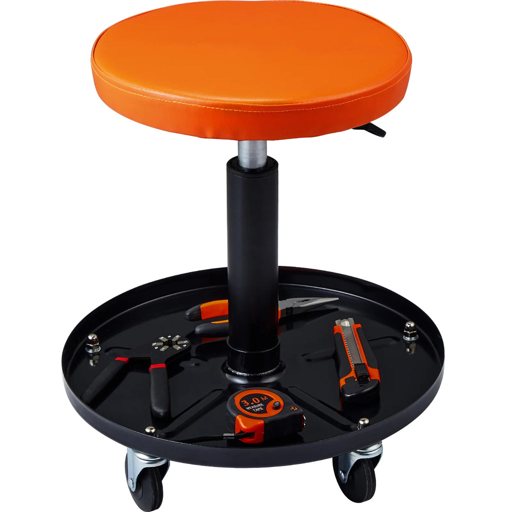 Mechanic Stool, 250 LBS Rolling Pneumatic Creeper Garage/Shop Seat, Adjustable Height 22 In-28 in Padded Rolling Workshop Stool with Tool Tray, for Garage, Shop, Auto Repair, Black+Orange