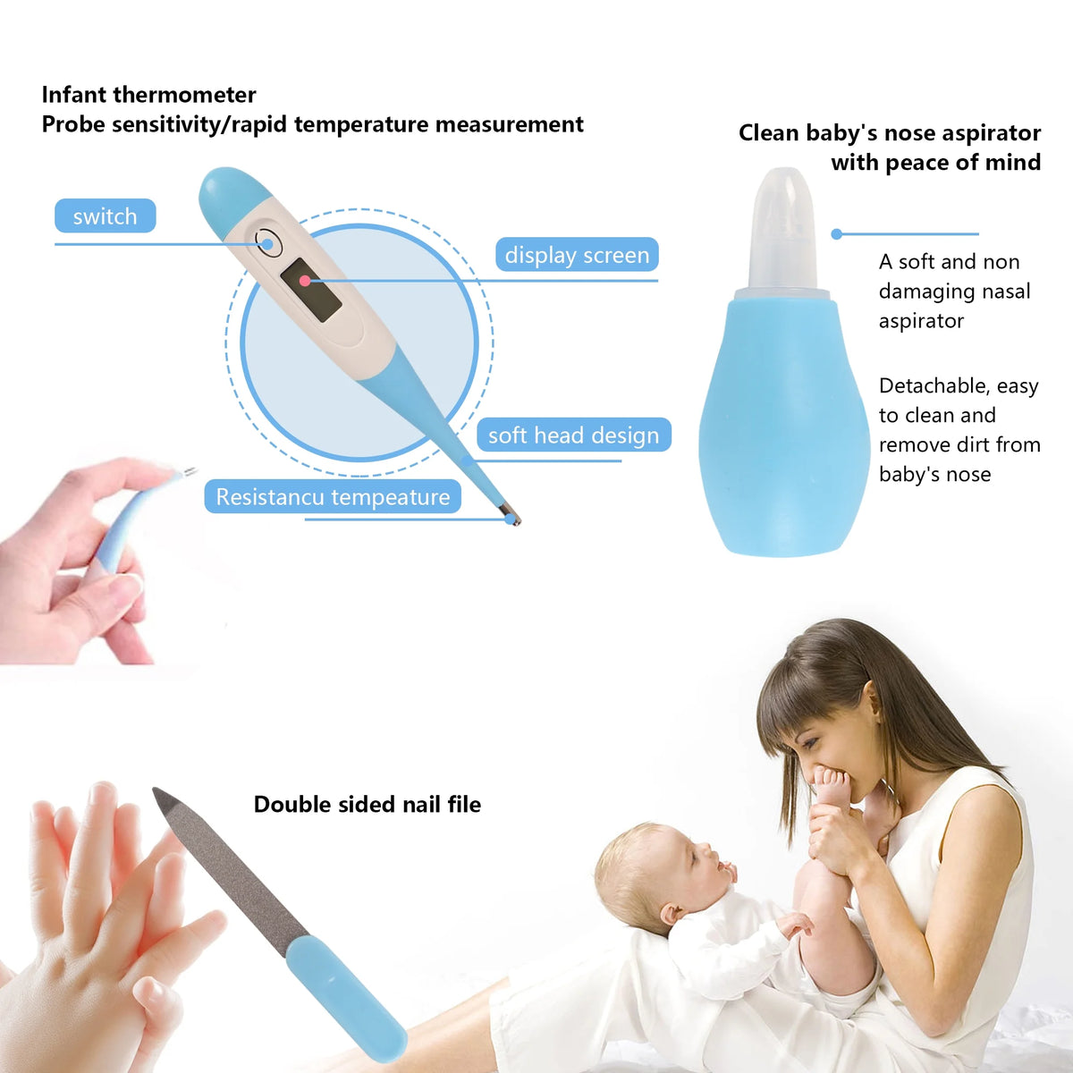 10 in 1 Baby Healthcare and Grooming Kit,Safety Newborn Nursery Care Set, with Hair Brush Comb,Nail Clipper,Thermometer,Pacifier Clip,Nasal Aspirator for Newborn Infant Baby-Blue