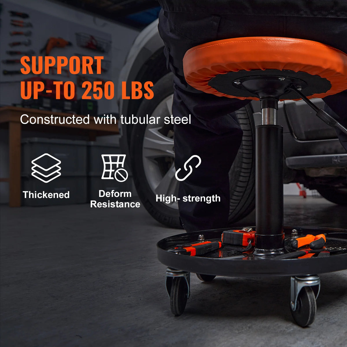 Mechanic Stool, 250 LBS Rolling Pneumatic Creeper Garage/Shop Seat, Adjustable Height 22 In-28 in Padded Rolling Workshop Stool with Tool Tray, for Garage, Shop, Auto Repair, Black+Orange
