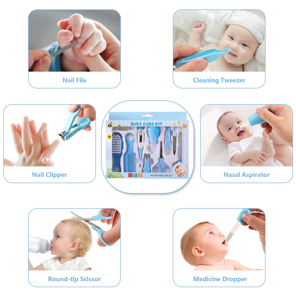 10 in 1 Baby Healthcare and Grooming Kit,Safety Newborn Nursery Care Set, with Hair Brush Comb,Nail Clipper,Thermometer,Pacifier Clip,Nasal Aspirator for Newborn Infant Baby-Blue