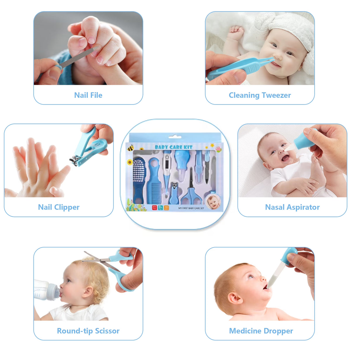 10 in 1 Baby Healthcare and Grooming Kit,Safety Newborn Nursery Care Set, with Hair Brush Comb,Nail Clipper,Thermometer,Pacifier Clip,Nasal Aspirator for Newborn Infant Baby-Blue