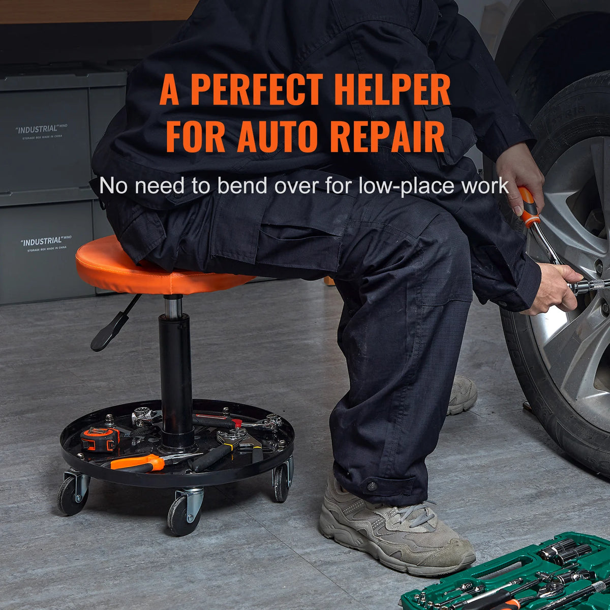 Mechanic Stool, 250 LBS Rolling Pneumatic Creeper Garage/Shop Seat, Adjustable Height 22 In-28 in Padded Rolling Workshop Stool with Tool Tray, for Garage, Shop, Auto Repair, Black+Orange