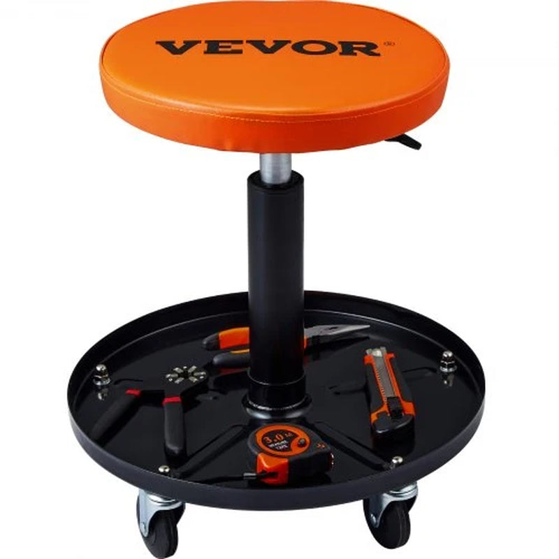 Mechanic Stool, 250 LBS Rolling Pneumatic Creeper Garage/Shop Seat, Adjustable Height 22 In-28 in Padded Rolling Workshop Stool with Tool Tray, for Garage, Shop, Auto Repair, Black+Orange