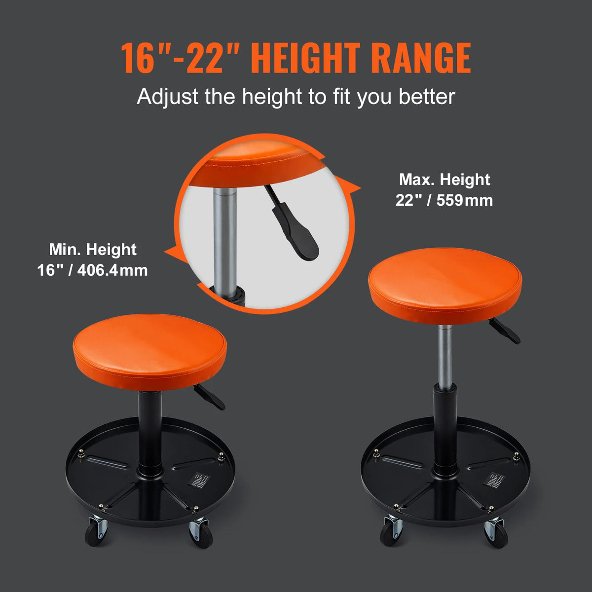 Mechanic Stool, 250 LBS Rolling Pneumatic Creeper Garage/Shop Seat, Adjustable Height 22 In-28 in Padded Rolling Workshop Stool with Tool Tray, for Garage, Shop, Auto Repair, Black+Orange